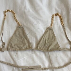Poema Gold Metallic Triangle Bandeau with Chain Straps